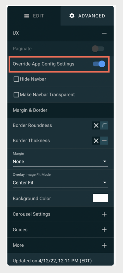 A screenshot shows the toolbar with the override app config settings highlighted.