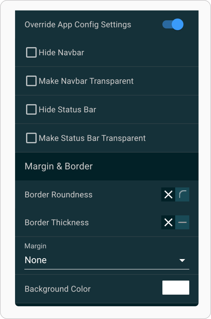 A screenshot shows the advanced toolbar option to override app config settings.