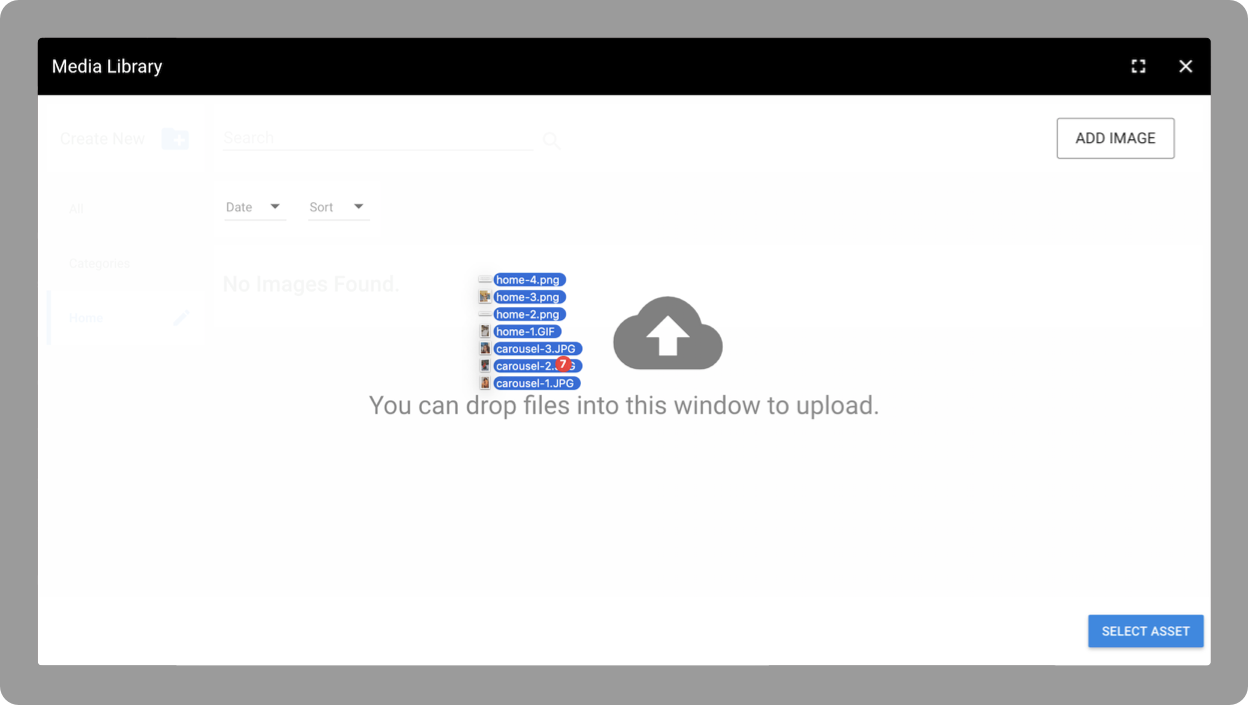 A screenshot shows files dragged into the media library.