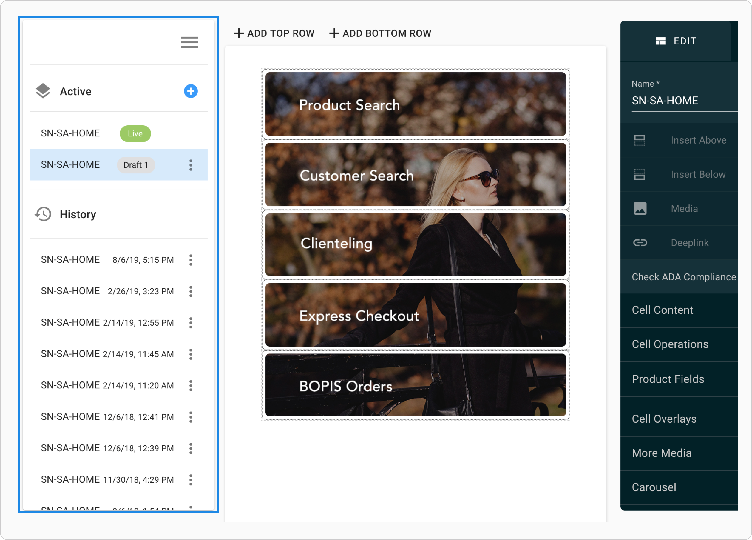 The Layout Editor showing the expanded version panel.