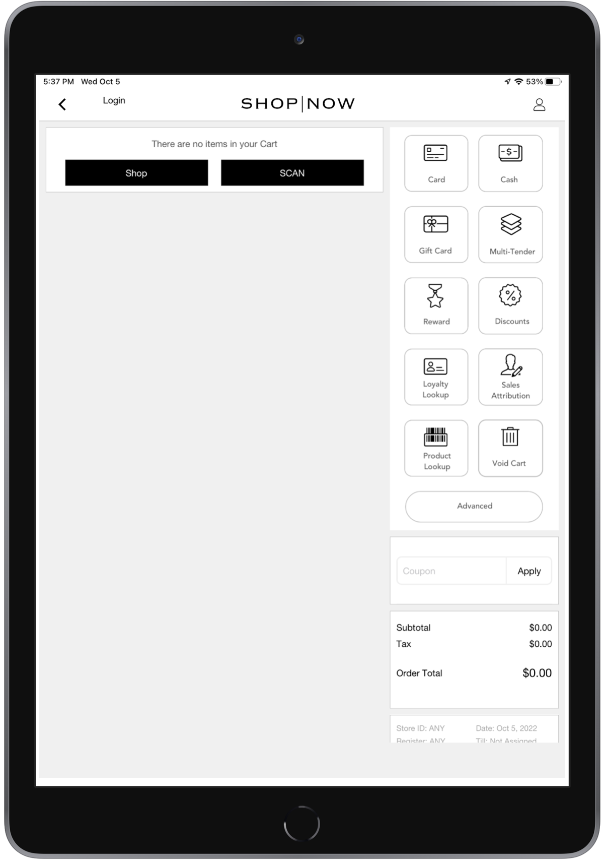POS app shows ten card option icons.