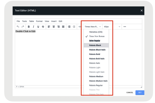 Text editor dialog shows the selection of a font from the toolbar menu.