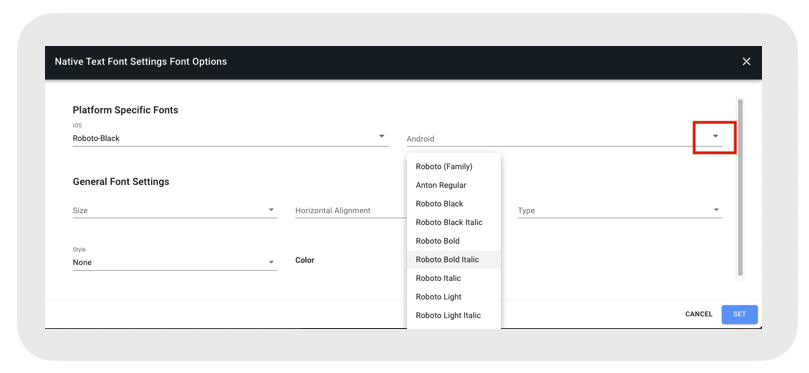 The font settings dialog shows the selection of a font.