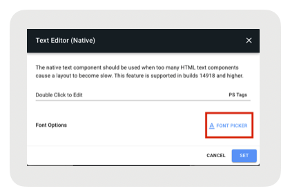 The native text editor shows the location of the font picker option.