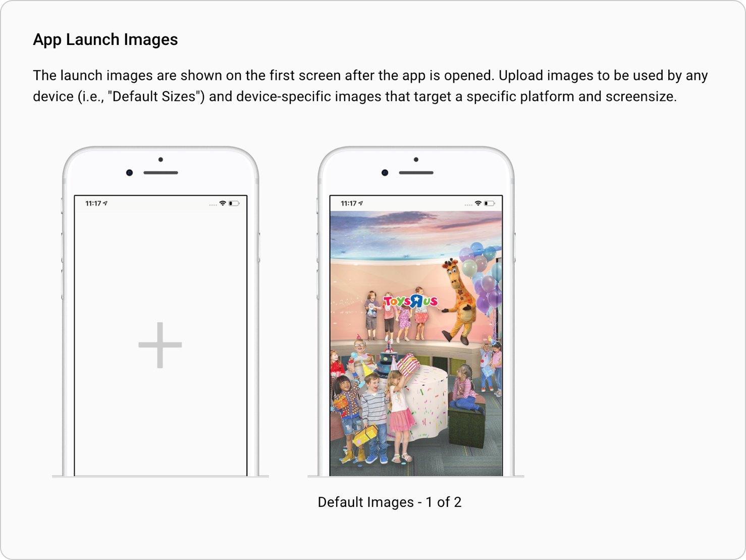 The launch image dialog shows one of two default images. The shown default image depicts a children's party.