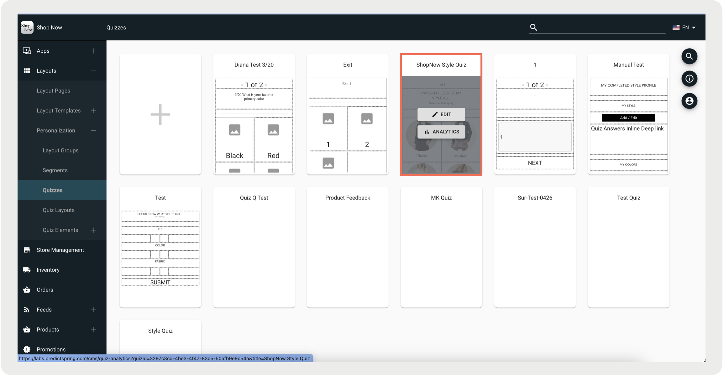 The quizzes CMS section with a red box highlighting a selected quiz that displays the analytics option.
