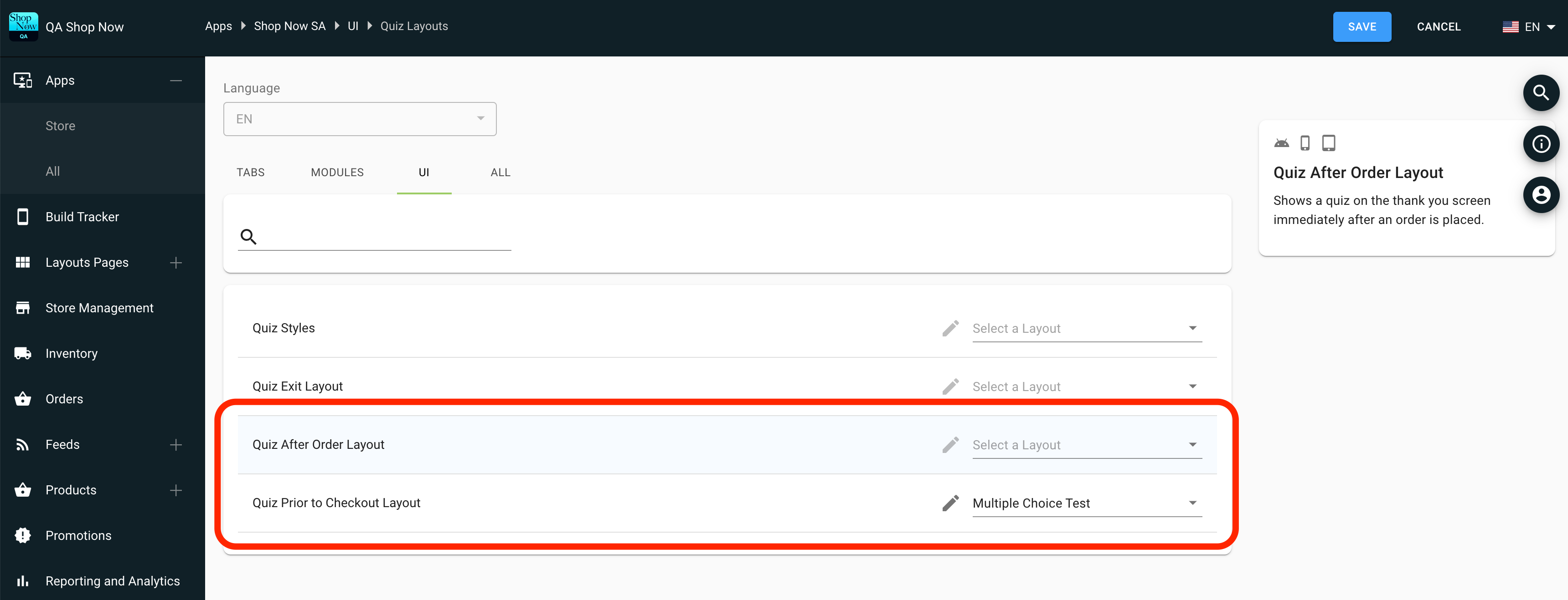 A quiz assigned to a checkout option in CMS