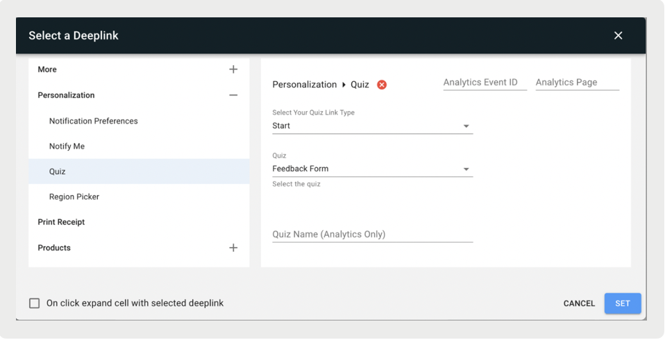 Select a deep link window showing the fields to complete.