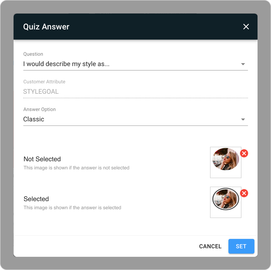 The quiz answer dialogue configuring a multiple-choice question.