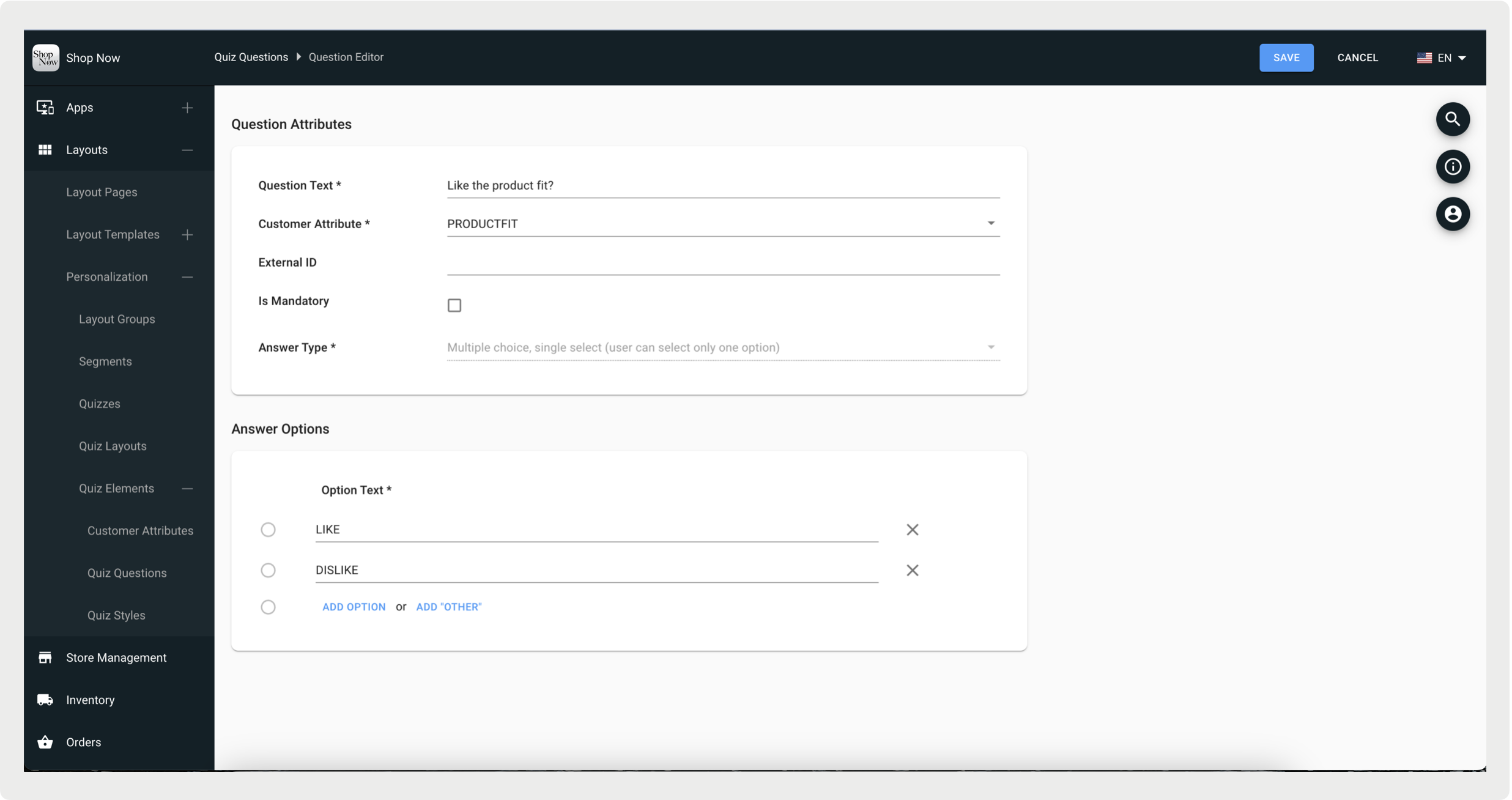 A form displaying question attributes and answer options.