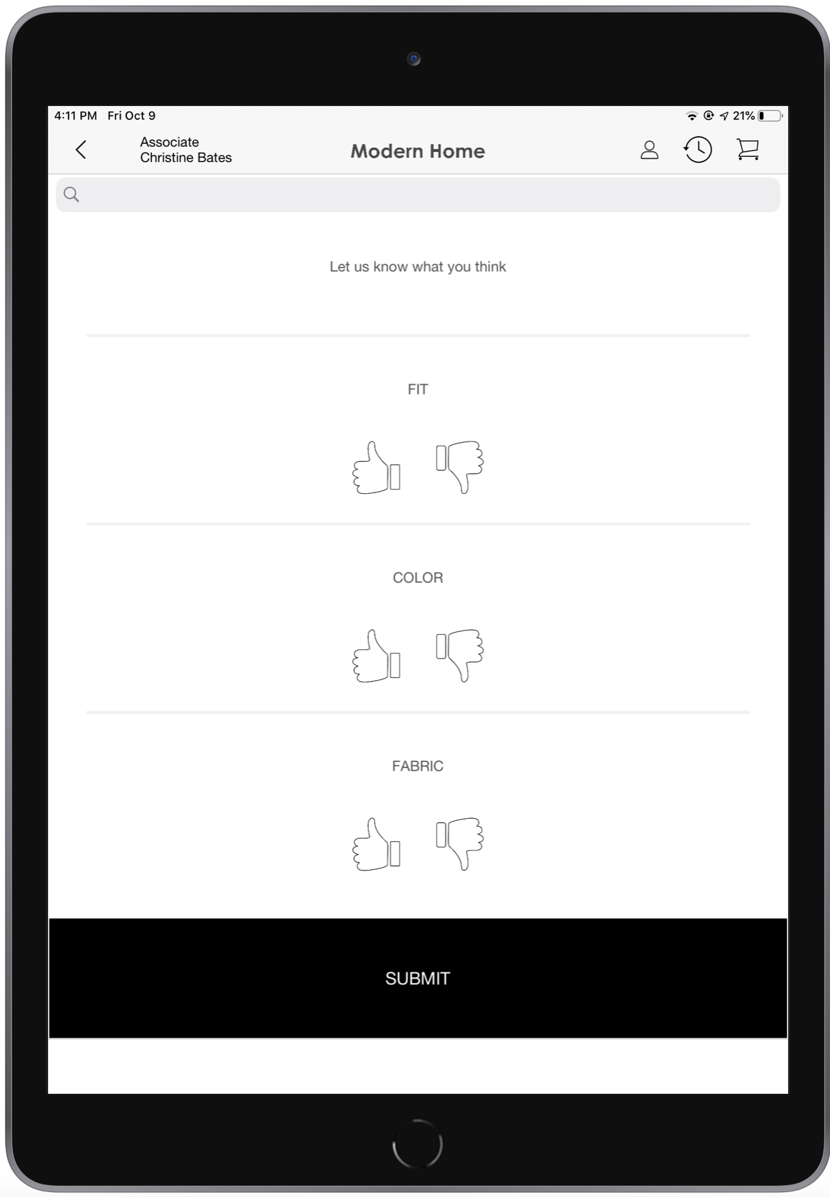 A form displays feedback options for fit, color, and fabric.