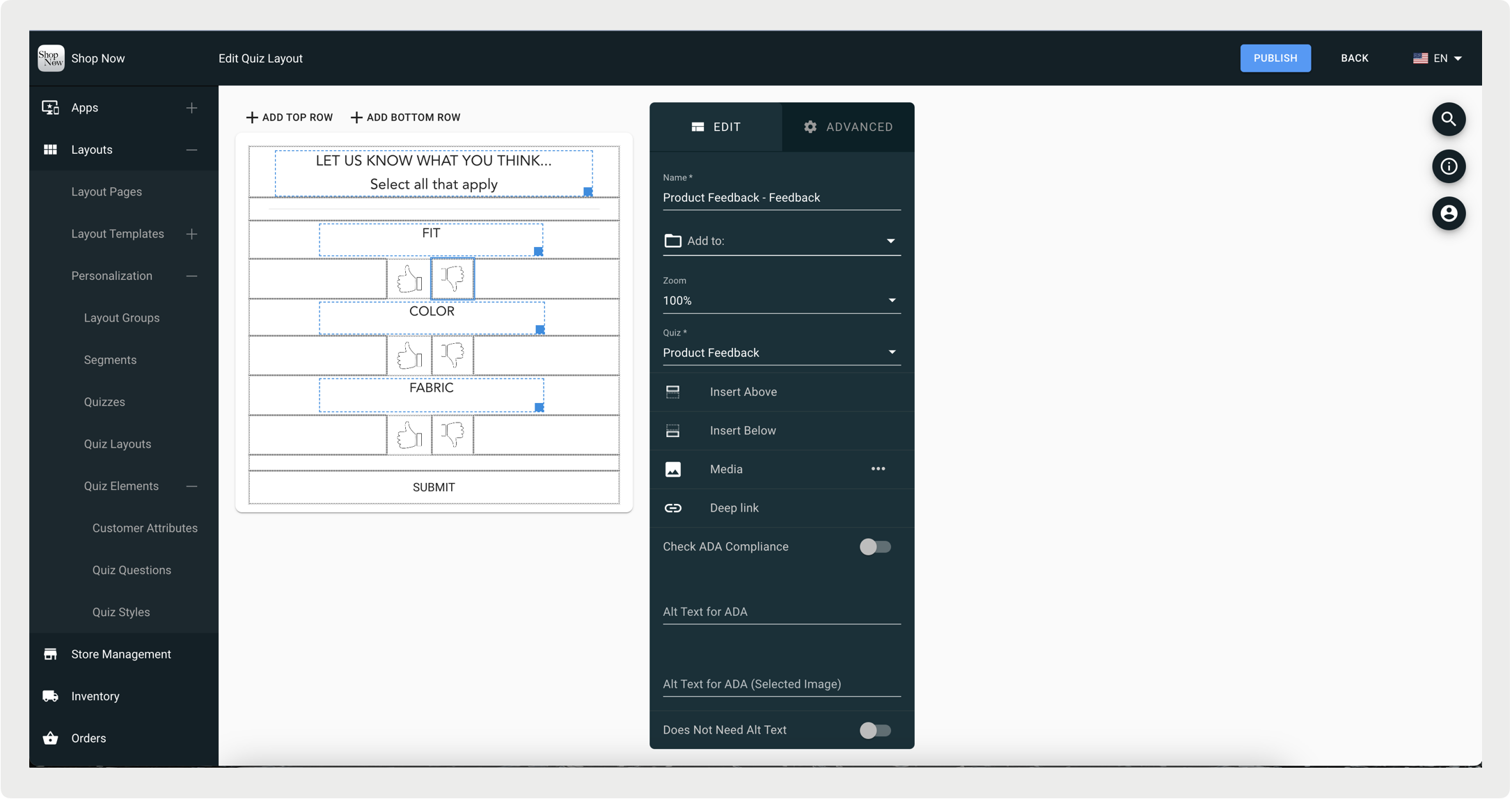 A user interface displays options for editing a quiz layout.
