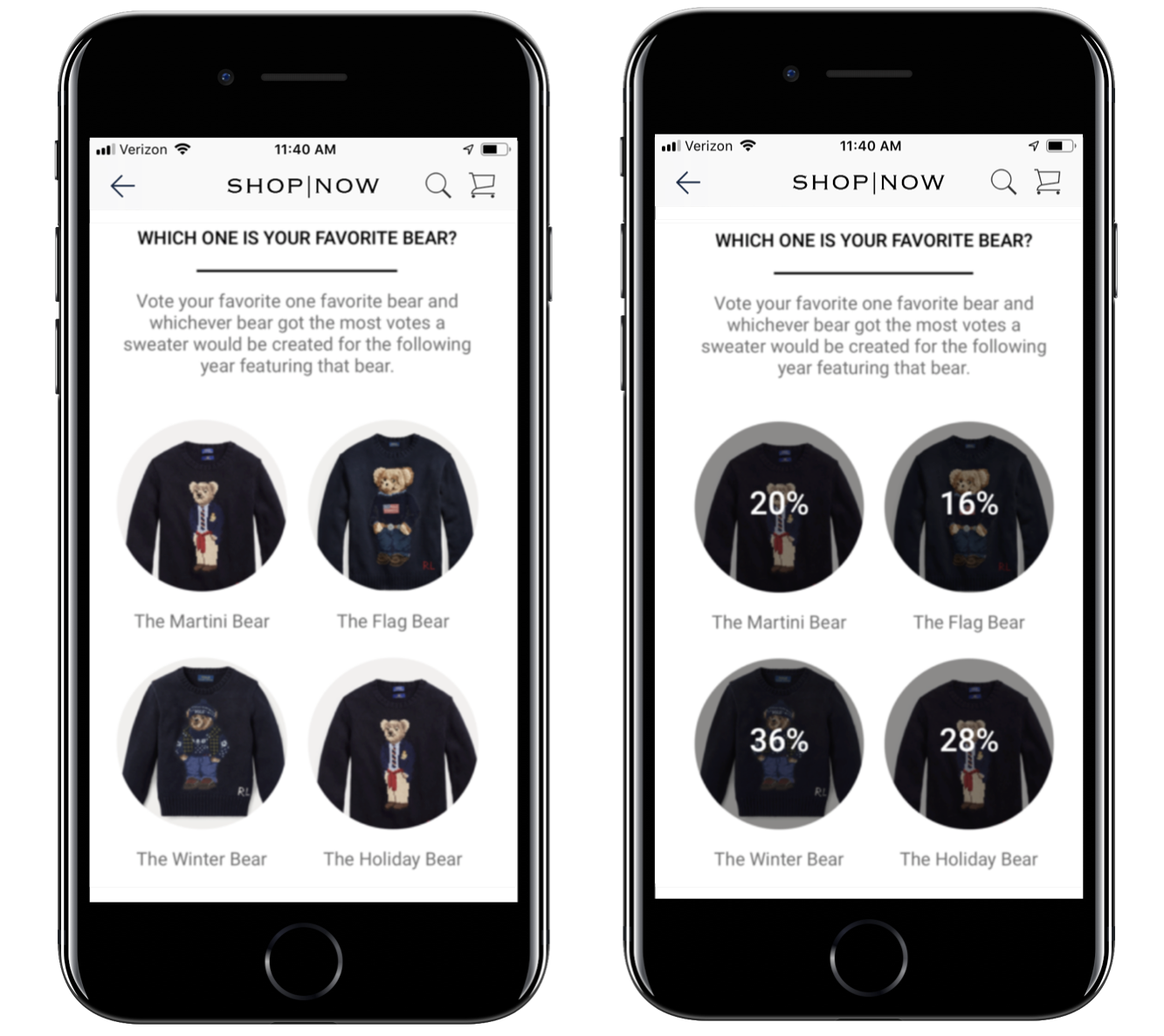 A phone shows a voting poll for bear sweaters before and after the use of voted.