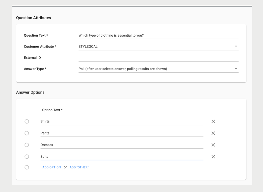 Quiz question attribute dialog. showing the settings available for a poll.