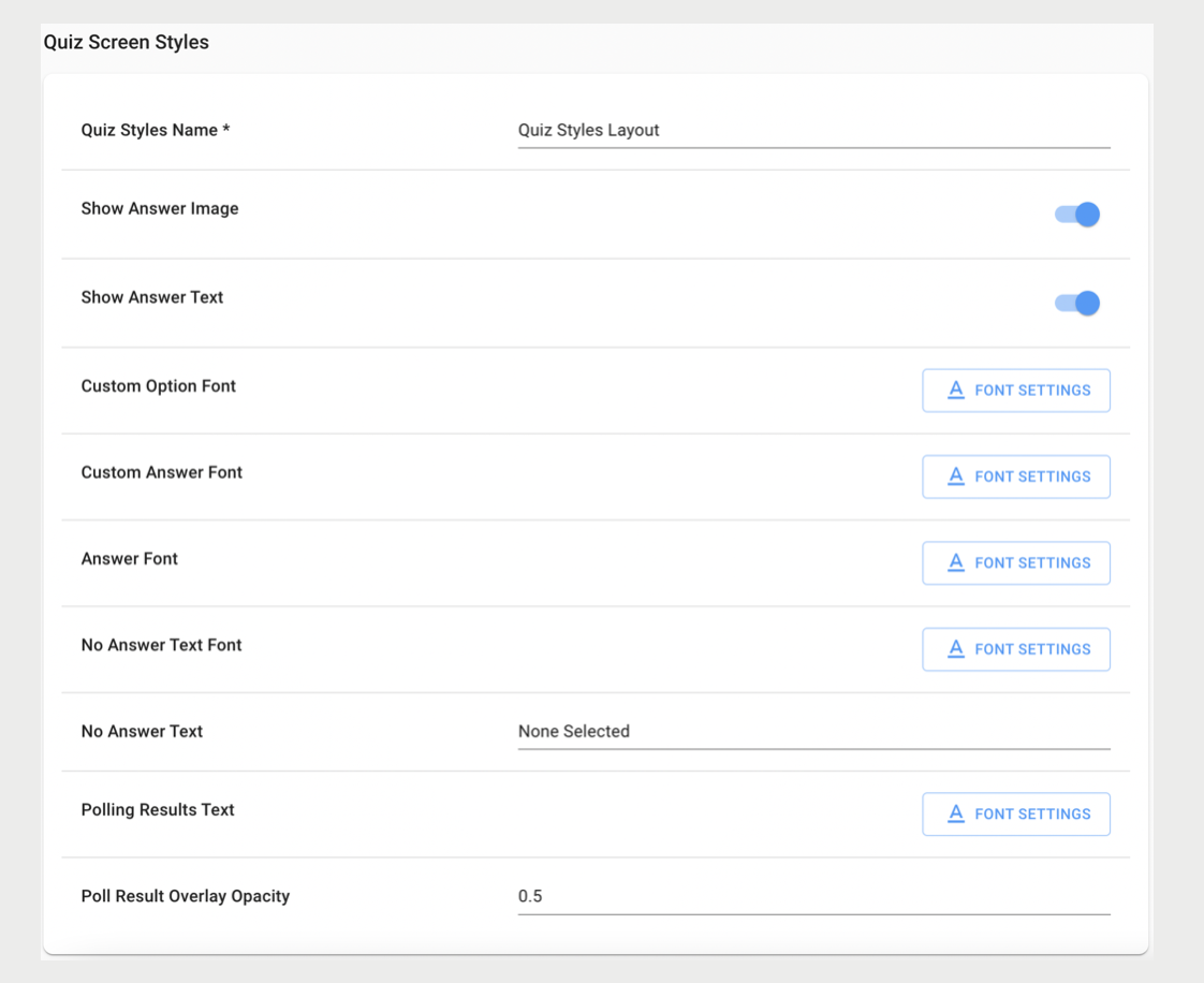 The quiz screens styles dialogue, showing the options for configuring style for a quiz.