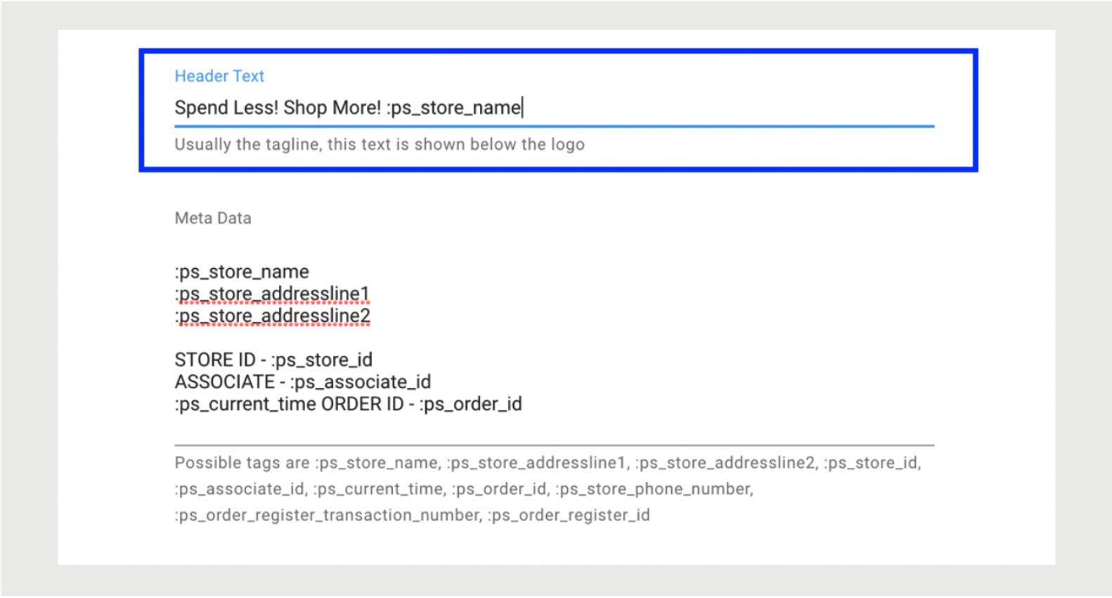 Example of PS tag set up for header text,