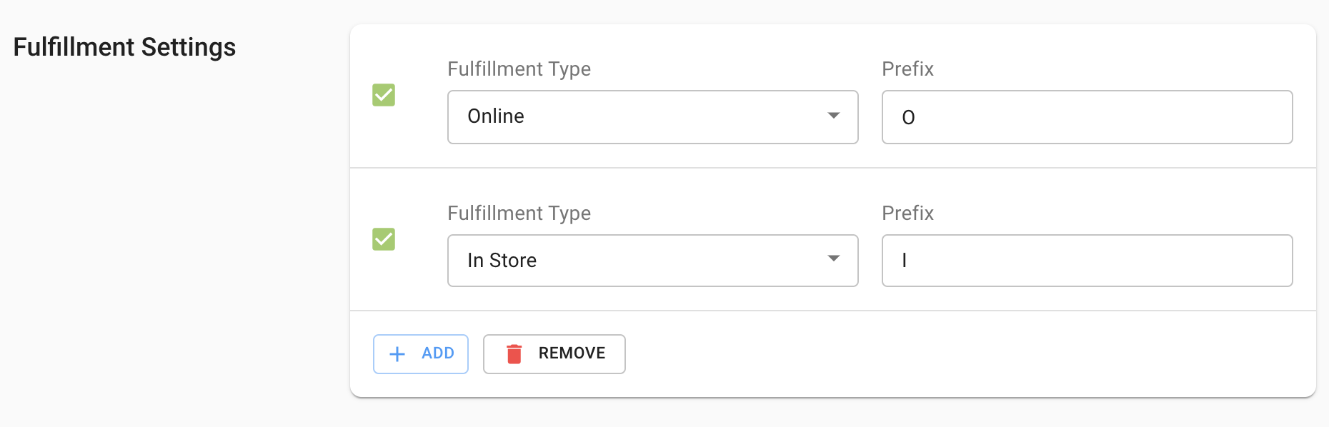 Fulfillment settings showing fulfillment types set for orders and in store.