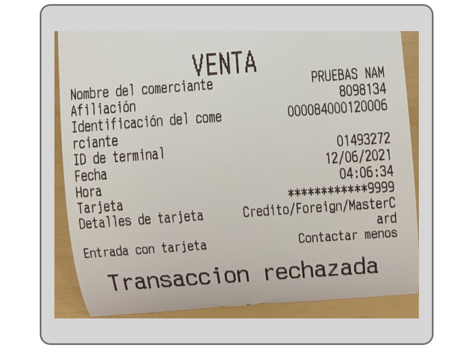 Declined credit card order receipt complying with Mexican requirements.