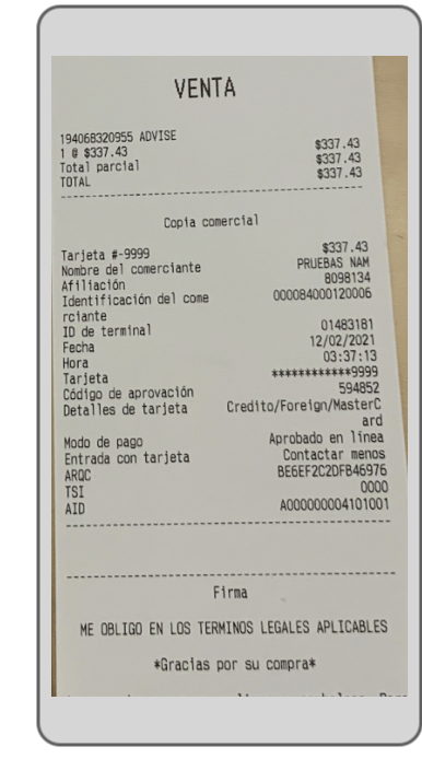 Merchant copy of an order receipt complying with Mexican requirements.
