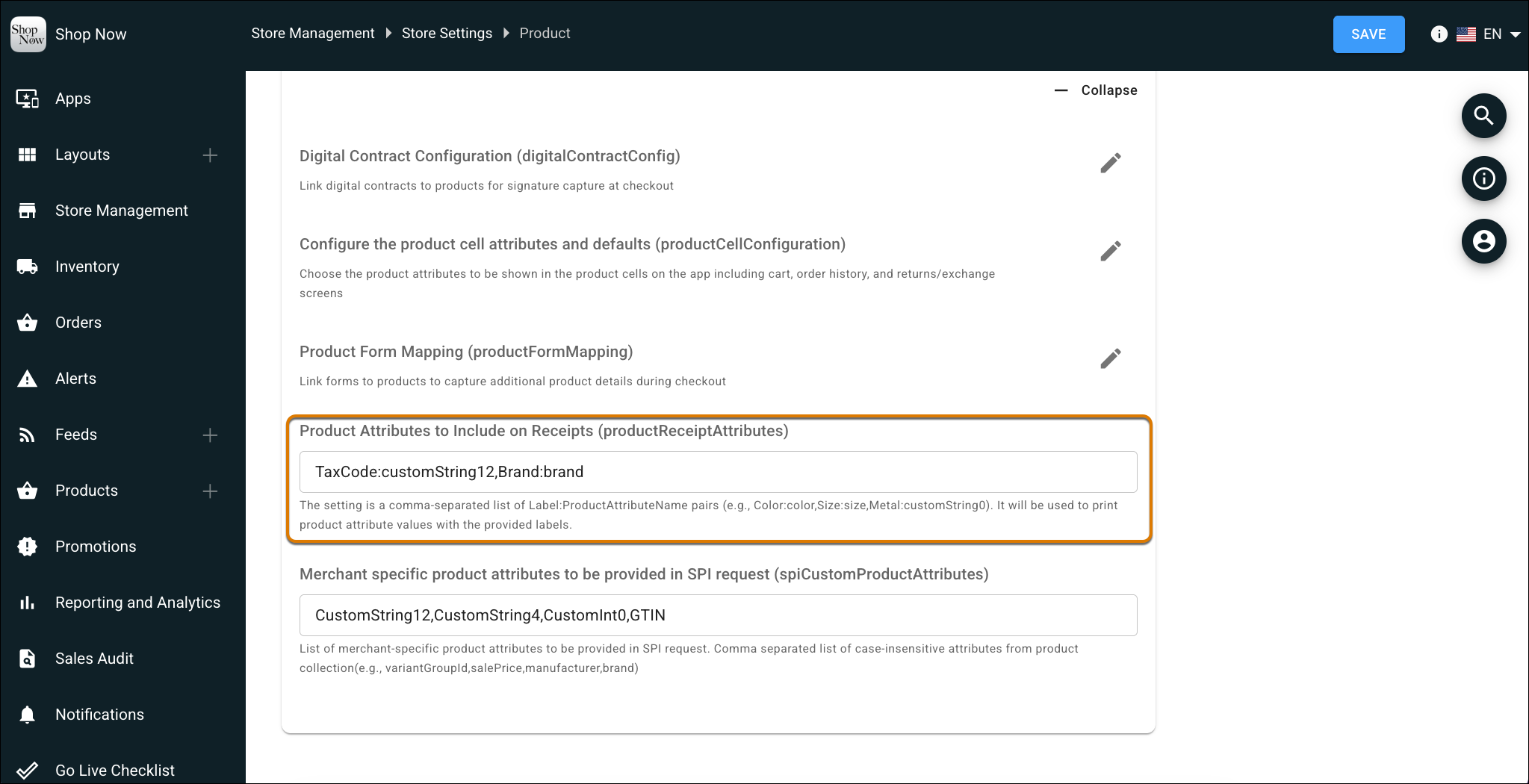 The Product Attributes to Include on Receipts field with a sample mapping entered.