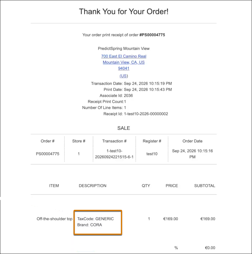 A receipt showing custom product attributes printed with their mapped labels.