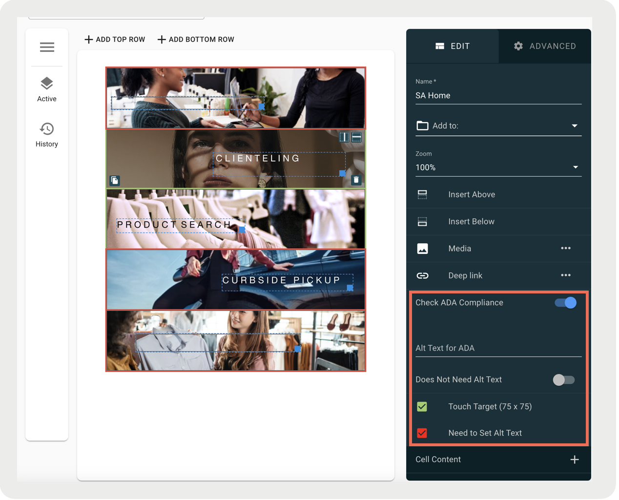 The Layout Editor highlighting the accessibility information and controls for an image.