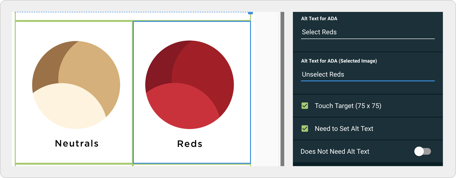 The Layout Editor displaying two quiz images and the associated alt text.