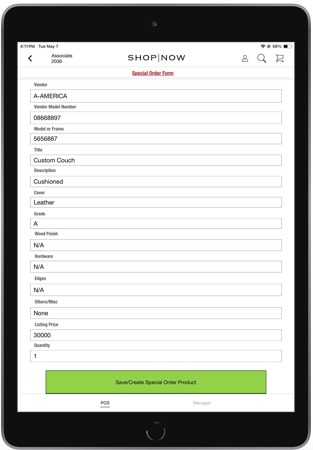 Modern POS app screen showing a special order form