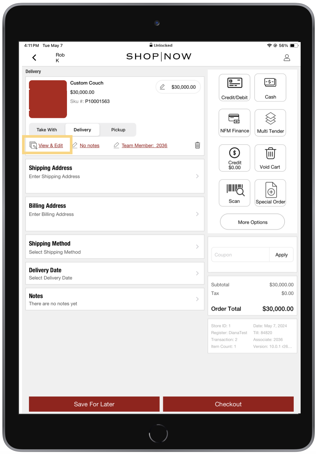 Modern POS app cart highlighting the view and edit option under an order line.