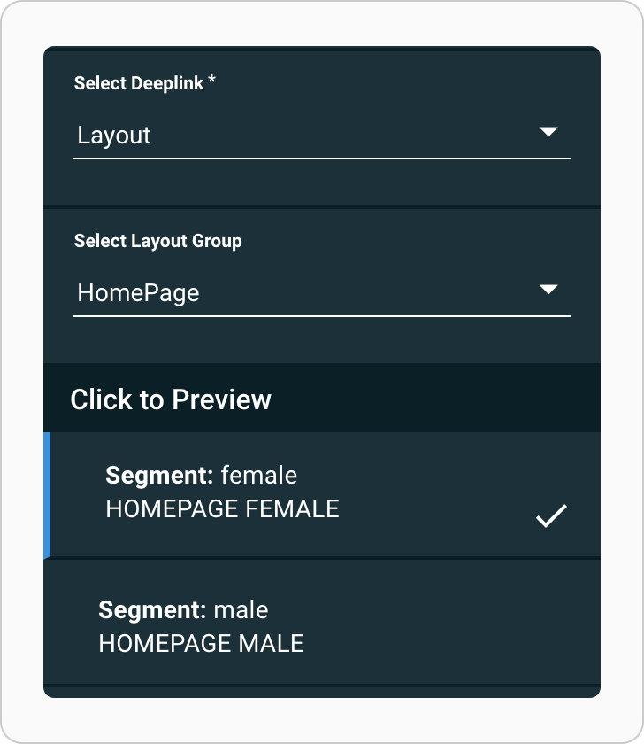 The Layout Editor toolbar with a blue vertical bar indicating the homepage female layout group is displayed preview.