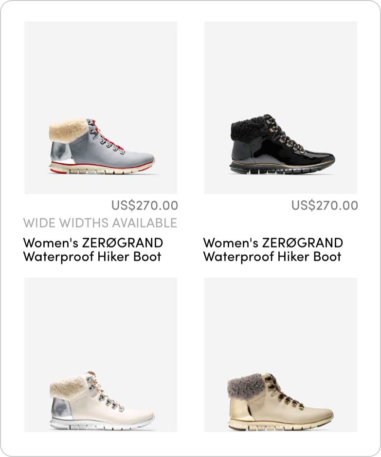 The default template and a banner. The price appears first, then the banner ("WIDE WIDTHS AVAILABLE"), then the title.