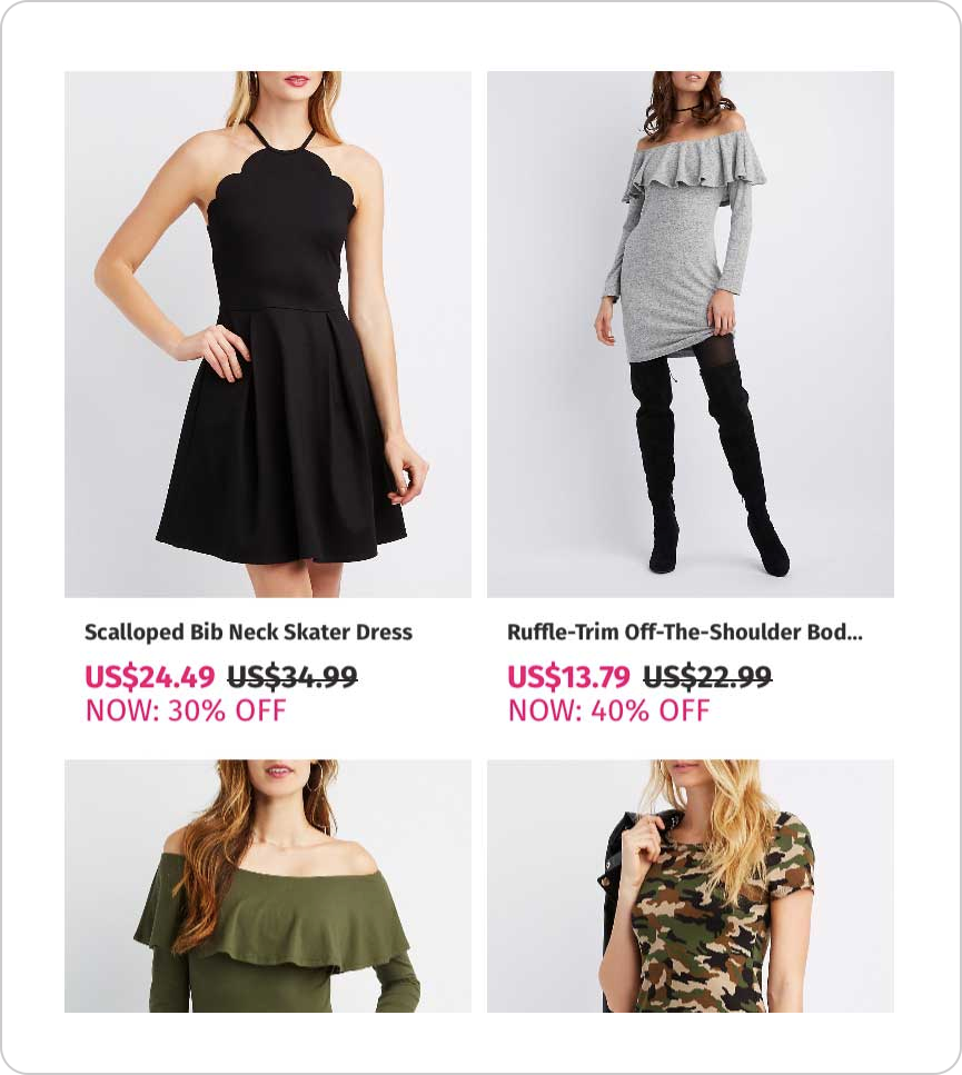 The default template, text fields reversed, and a promotion. The title appears first, then the price, then the promotion ("NOW XX% OFF").