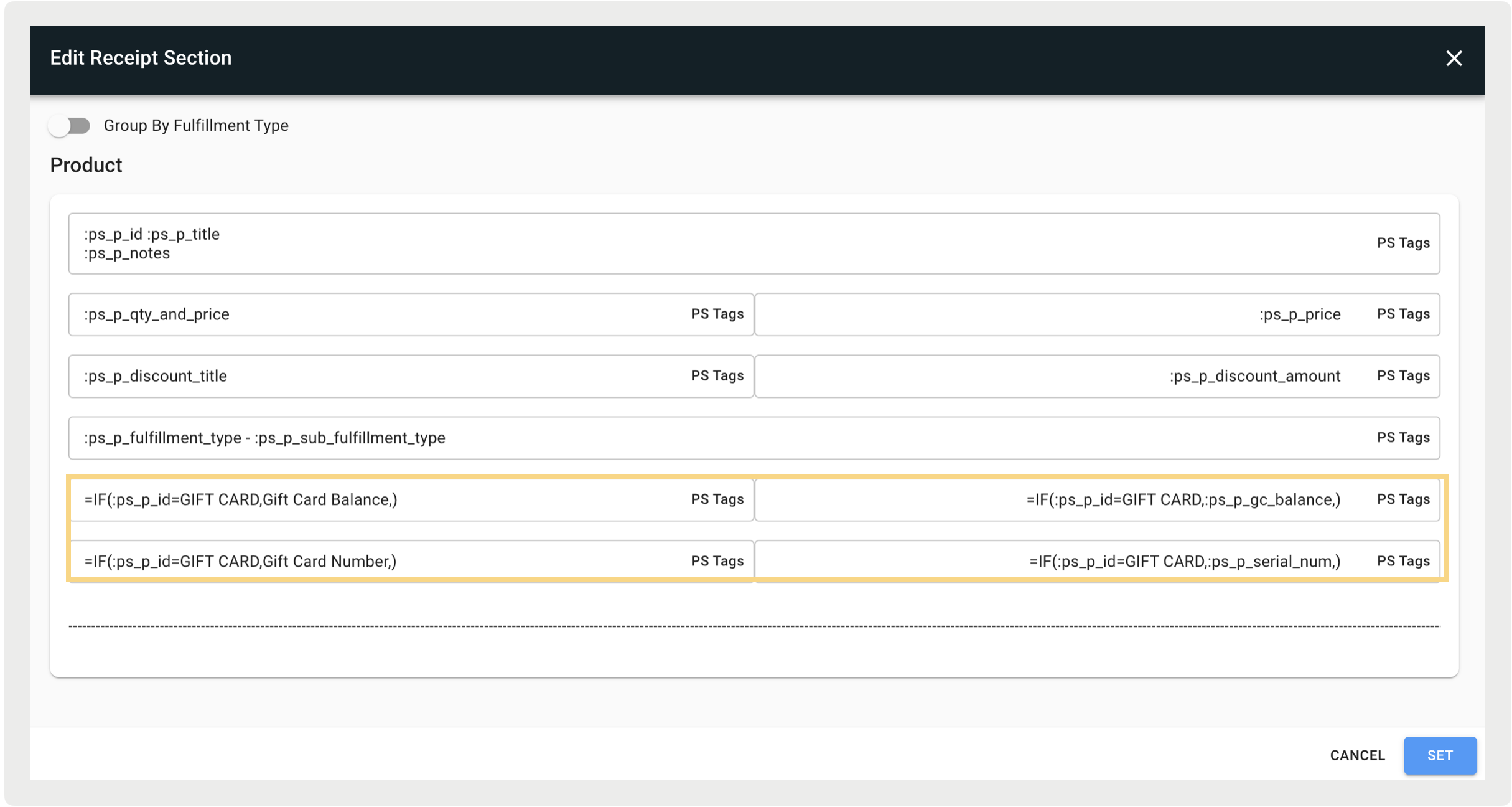 Example functions for modifying product details on a receipt.