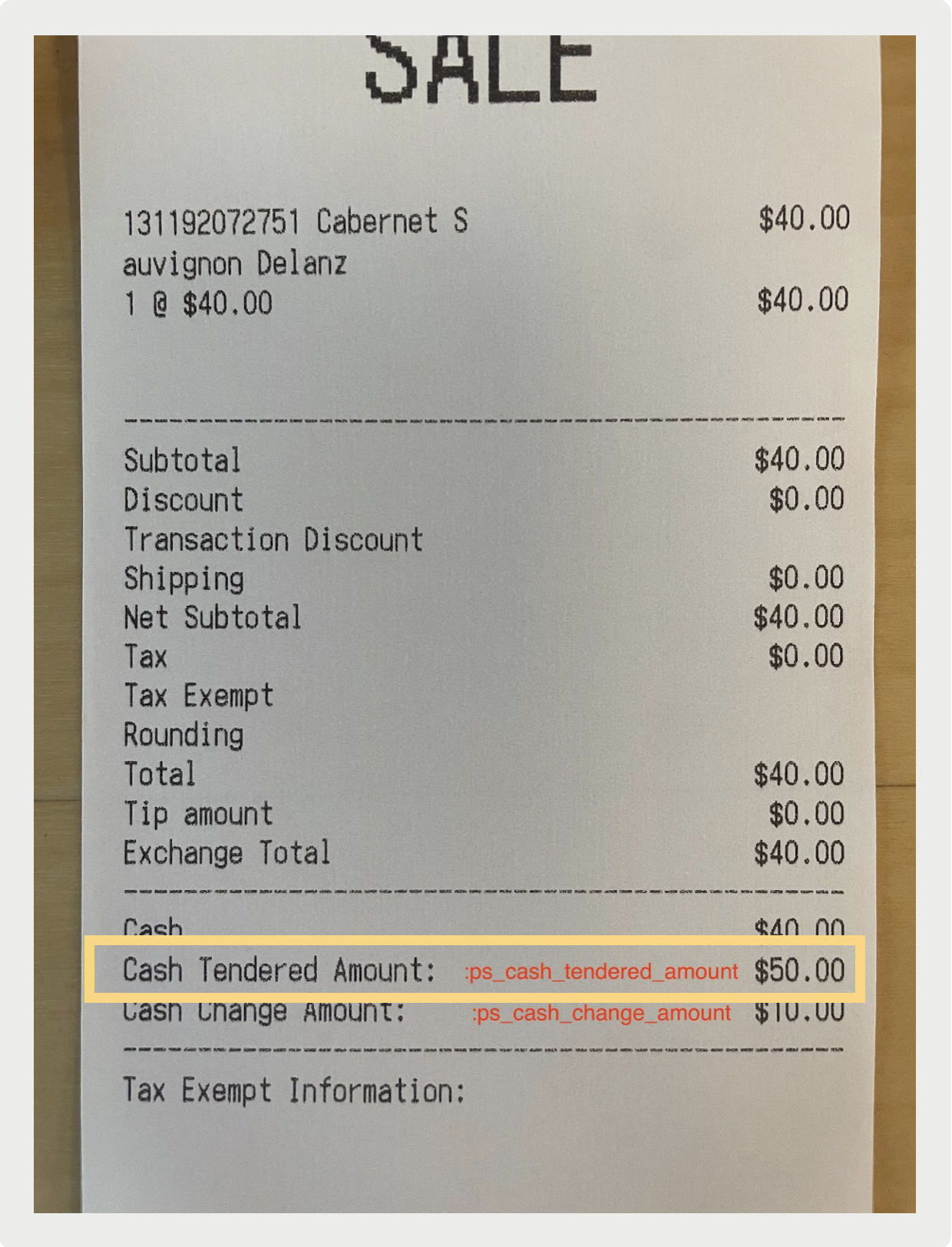Example receipt displaying details for a cash payment.