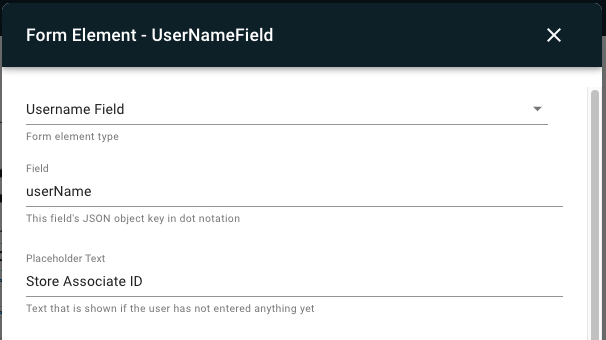 A form displays a username field's settings.