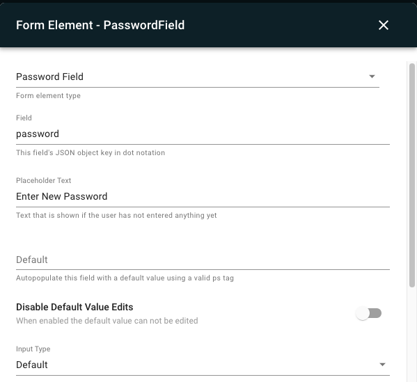 A form displays options for a text field defining a replacement password.