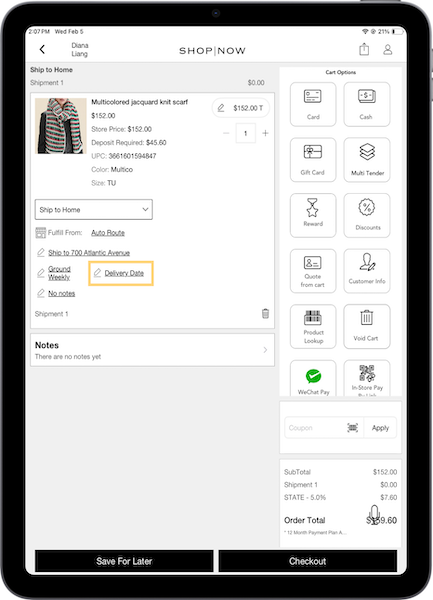 The Delivery Date selection option available in the POS App.
