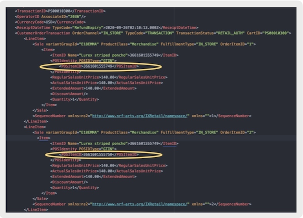 The NRF POS log file with the scanned GTIN for each line item
