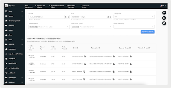Non-matched transaction report with details about the discrepancies