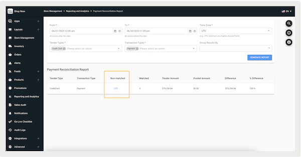Non-matched transaction reports highlighted in payment reconciliation report