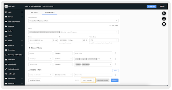 Save Changes to Electronic Journal Report Filters