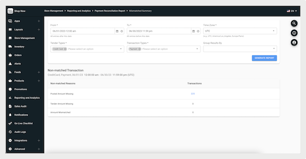 Non-matched transaction report sorted into different categories