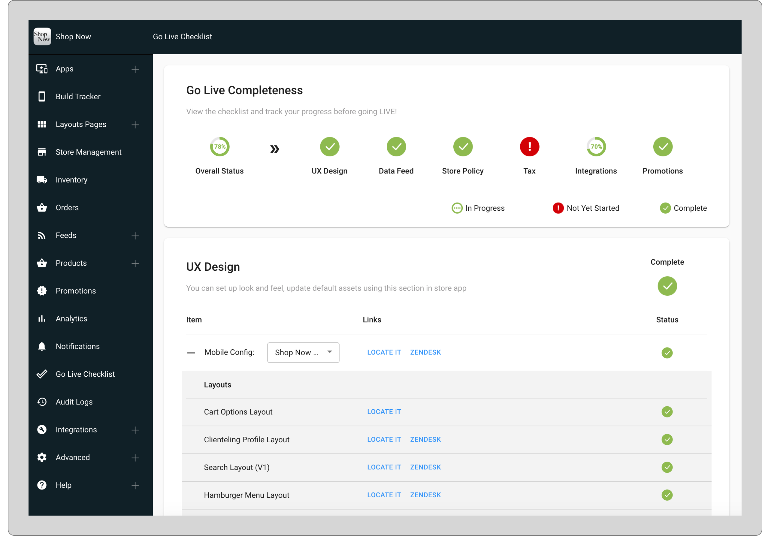 The CMS shows the go live checklist tool.