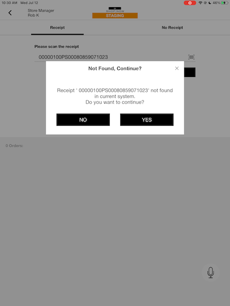 An error message due to an extra space in the barcode number
