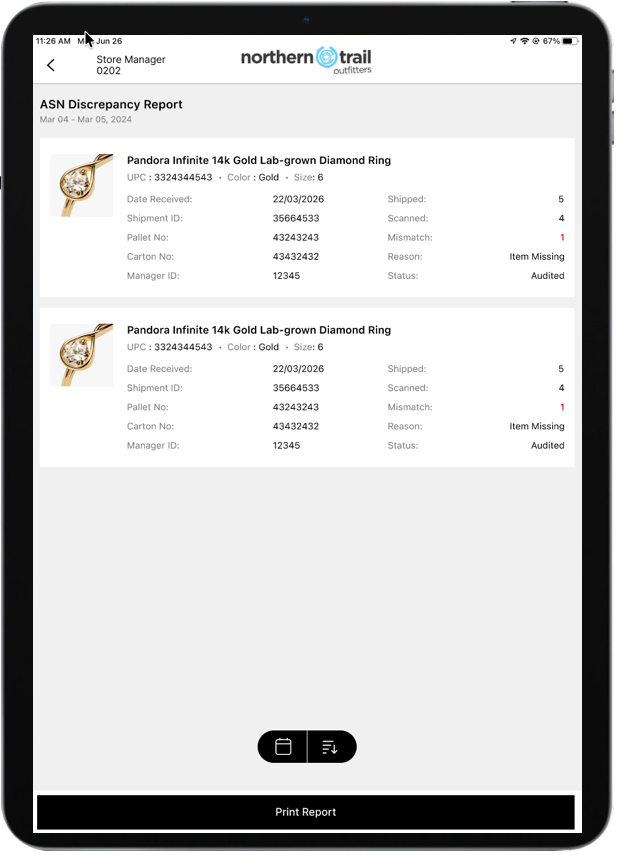 The Receiving Discrepancy Report in the POS app, with short or over counts highlighted in red.