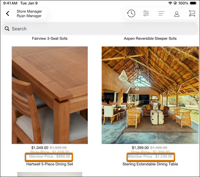 Product list or product detail page showing the member price.