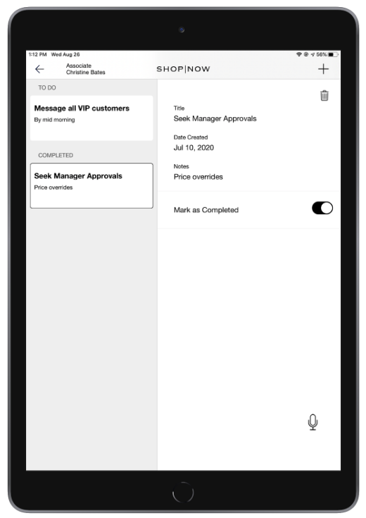 A task listed under the Completed heading in the client profile on the POS app.
