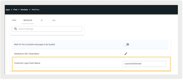 The Customer Login Event Name setting highlighted in the WebView section of Point of Sale CMS.