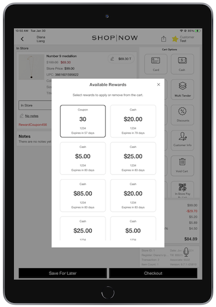 The POS app showing a 30 percent off coupon.