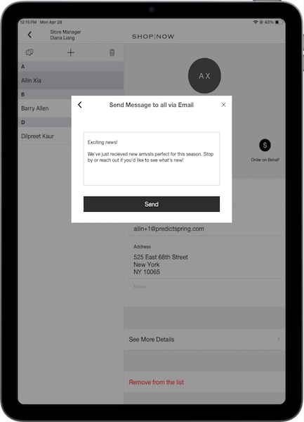 The Send Message to all via Email window in the POS app.
